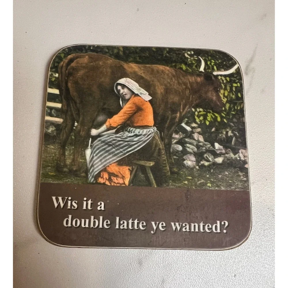 Vintage Style Cow Milkmaid Double Latte Humorous Drink Coaster Brown 3.75 Inch